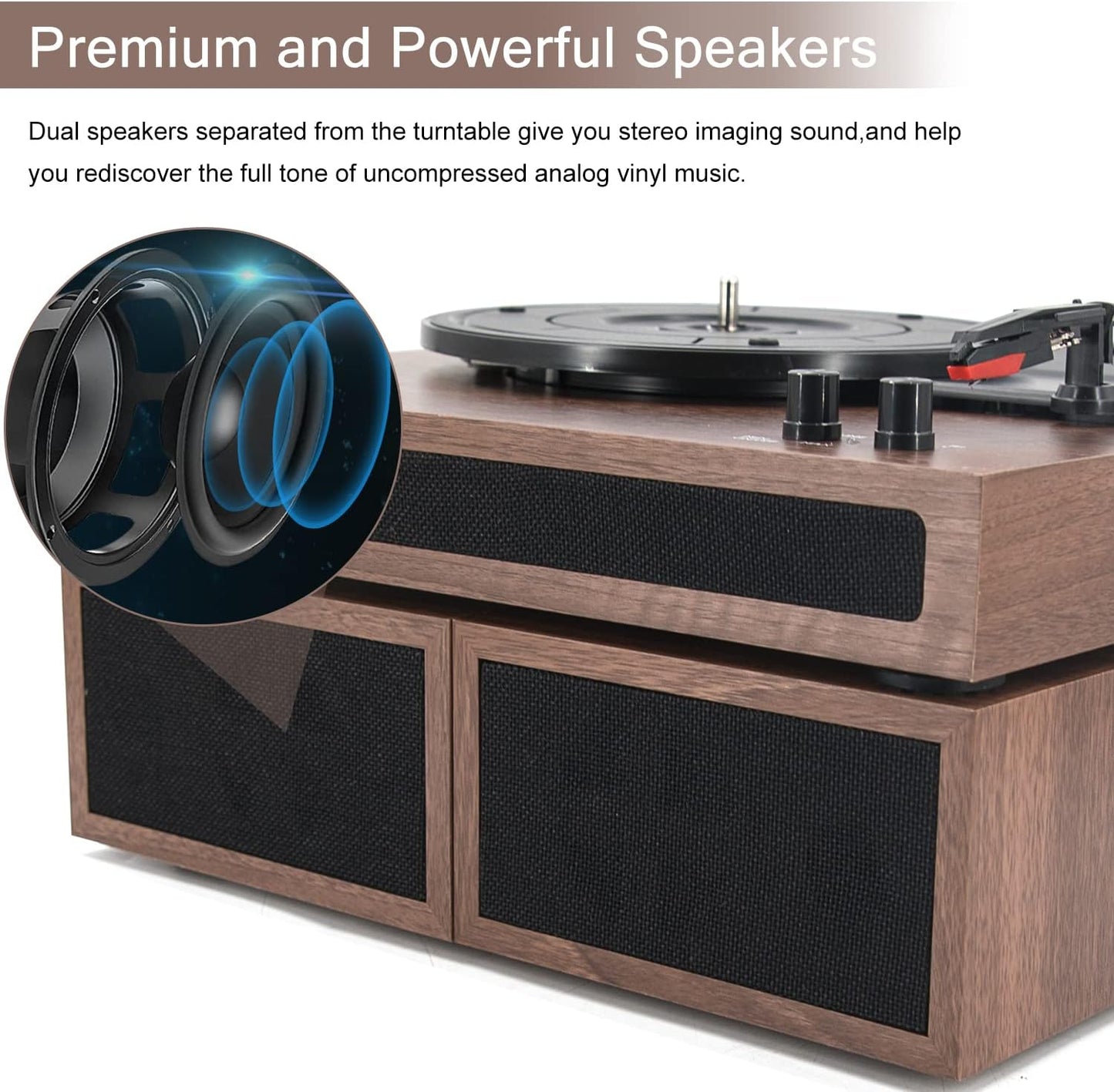 Wireless Record Player with Stereo Bookshelf Speakers - A Vinyl Record Player that supports Bluetooth, features Auto-Stop, and comes in a Walnut Wood design.