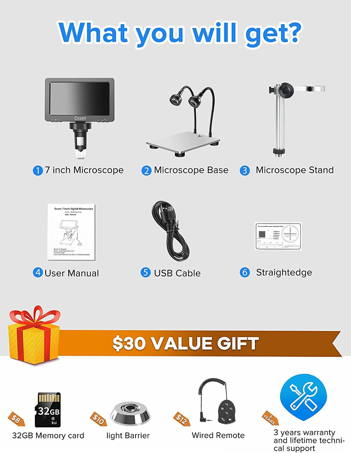 Digital Microscope 7" 1200X, 12MP 1080P Photo/Video Microscope with 32GB TF Card for Soldering, Coins, Metal Stand, Wired Remote, 10 LED Fill Lights, PC View, Windows/Mac Compatibility
