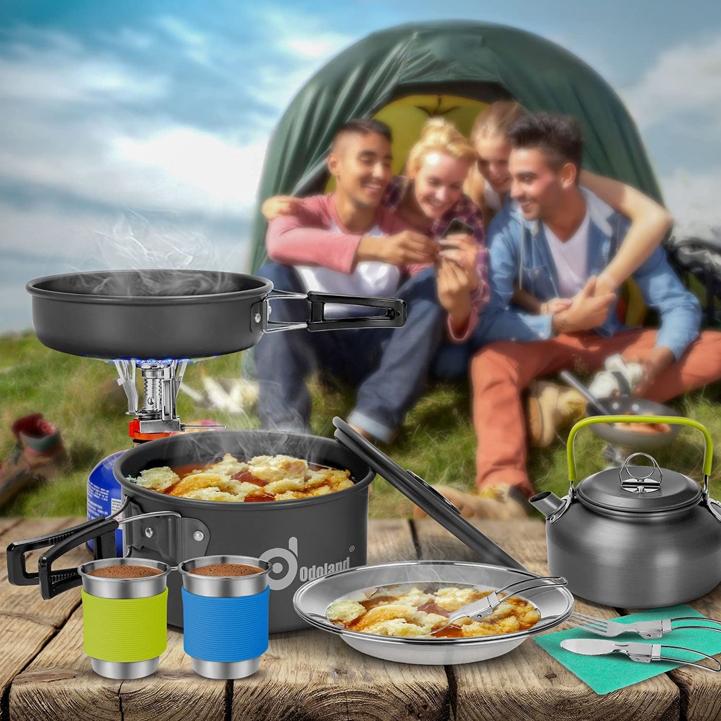 15-Piece Camping Cookware Mess Kit - Lightweight Non-Stick Pot, Pan, and Kettle Set, Includes Stainless Steel Cups, Plates, Forks, Knives, and Spoons; Perfect for Outdoor Cooking, Camping, Backpacking, and Picnics.
