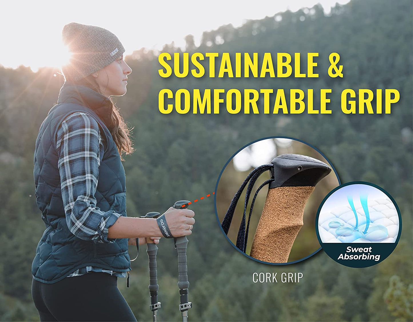 Collapsible Lightweight Hiking Poles - Nordic Walking Sticks for Seniors and Women - Cork Pole Grip - Trekking Gear