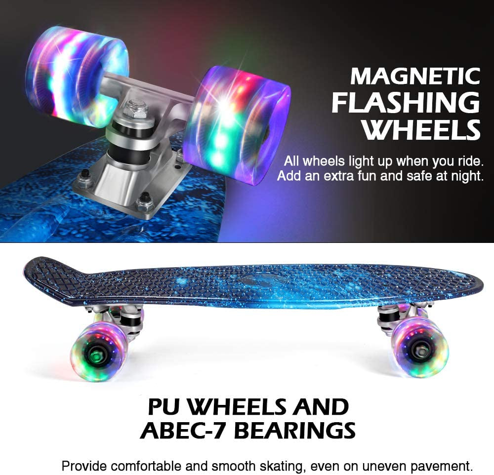 Complete Mini Cruiser Skateboard for Kids, Teens, Adults, and Beginners - Features PU LED Flashing Wheels, Comes with an All-in-One Skate T-Tool for Easy Maintenance.