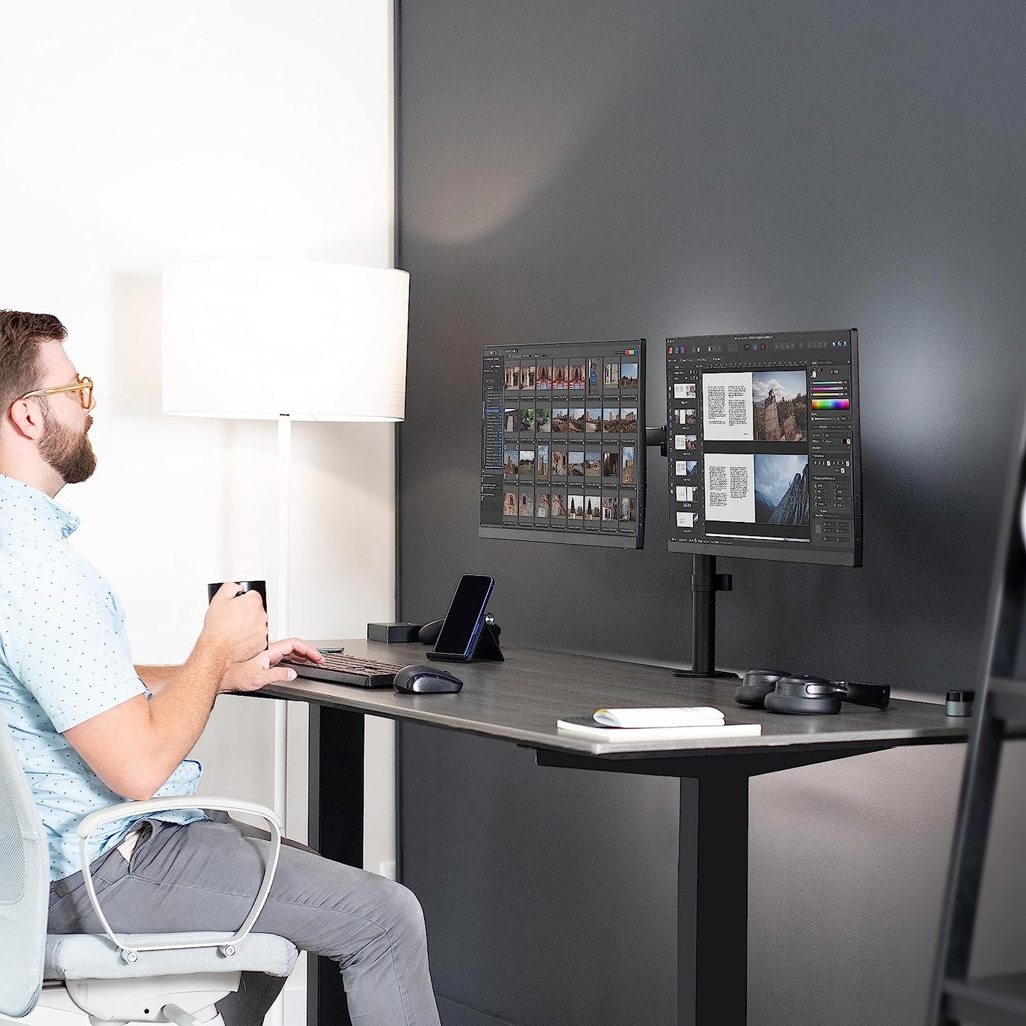 Dual Monitor Desk Mount - Robust and Adjustable Stand for Two 30-Inch LCD LED Screens, Black