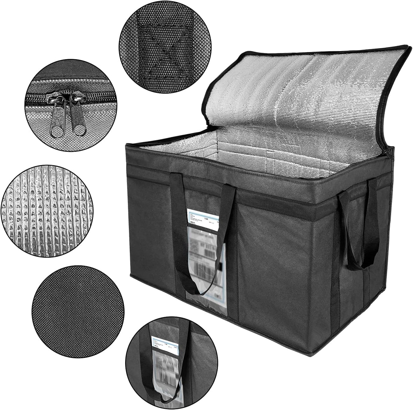 Extra Large Insulated Cooler Bag with Zipper Closure - Reusable Grocery Shopping Bag for Hot or Cold Food - Collapsible Delivery Bag for Instacart, Restaurants, and Food Transport - 23"W x 15"H x 14"D (Black)