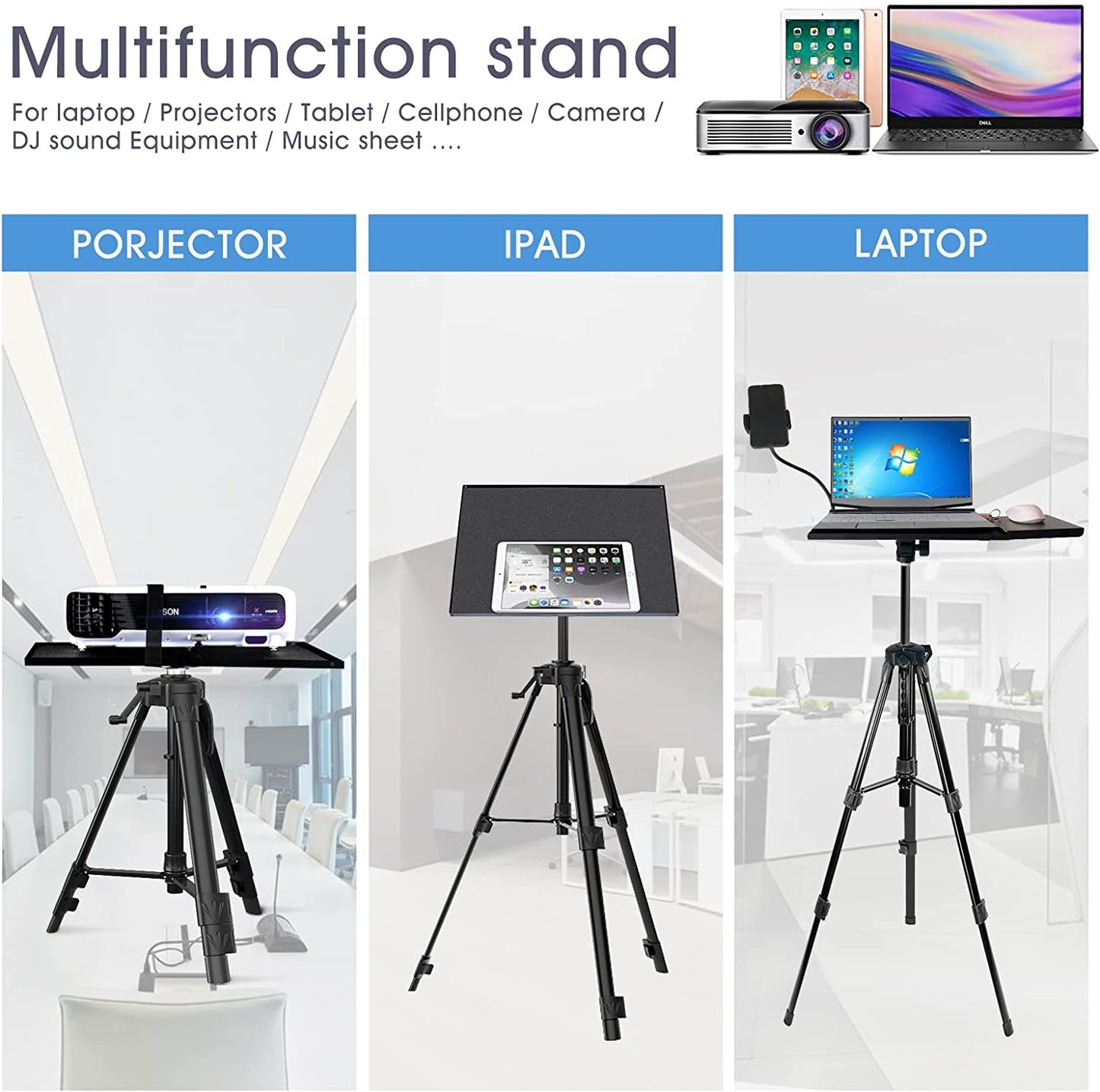 Adjustable Height Projector Tripod Stand - Versatile Stand Ideal for Laptops, DJ Equipment, and Presentations, Creating a Laptop Standing Desk or Podium Stand - Available in Black.