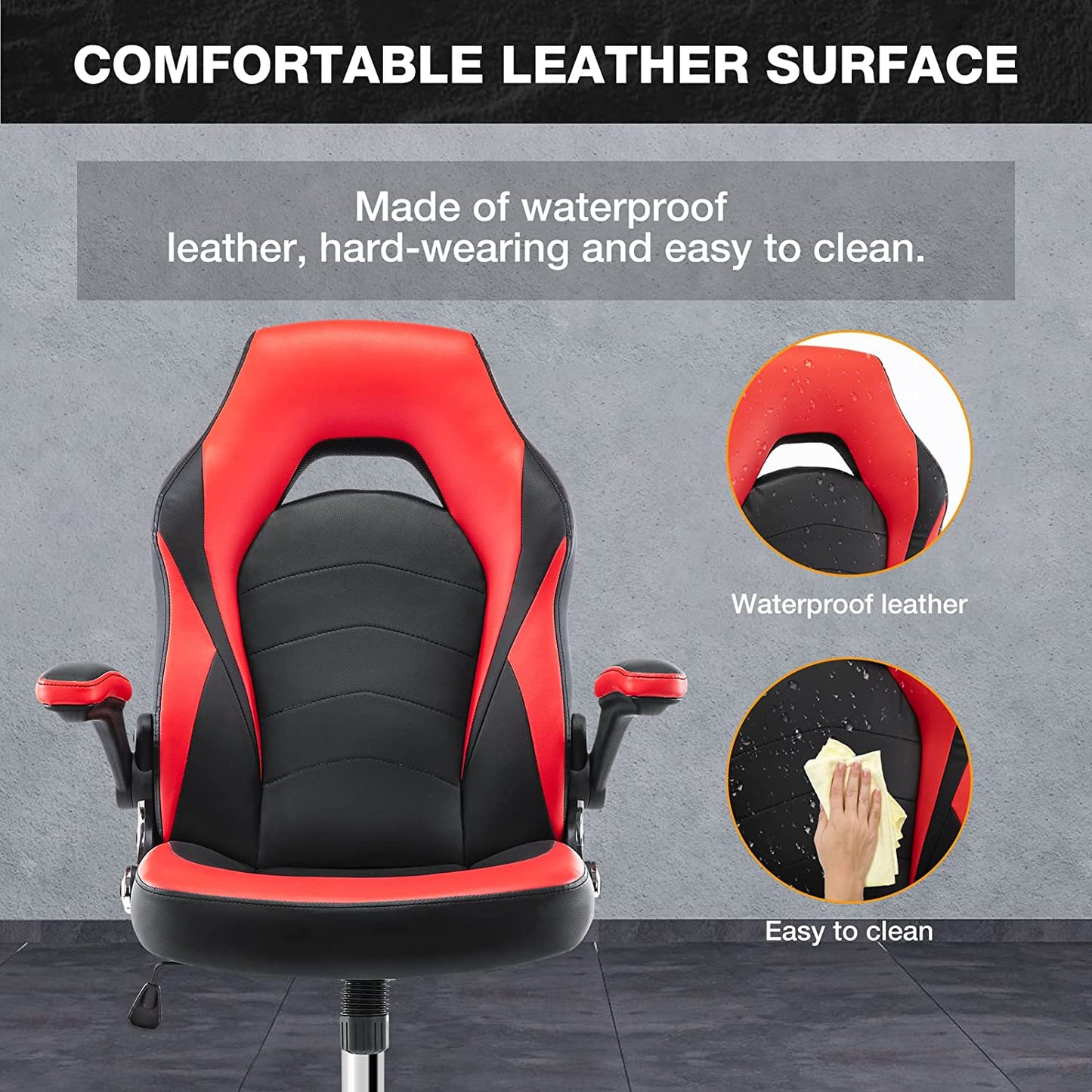 Ergonomic Gaming Office Chair - PU Leather Executive Swivel Design - Features Flip-Up Armrests and Lumbar Support - Suitable for Working, Studying, and Gaming - Color: Grey.