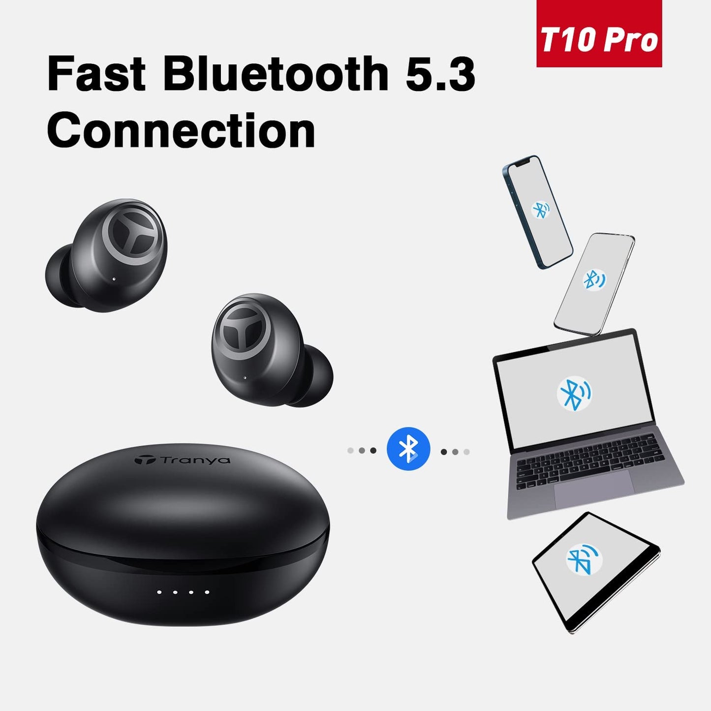 T10 Pro Wireless Earbuds with 12mm Premium Deep Bass Driver, Low Latency Game Mode, IPX7 Waterproof, Bluetooth 5.3 In-Ear Headphones, and Wireless Charging