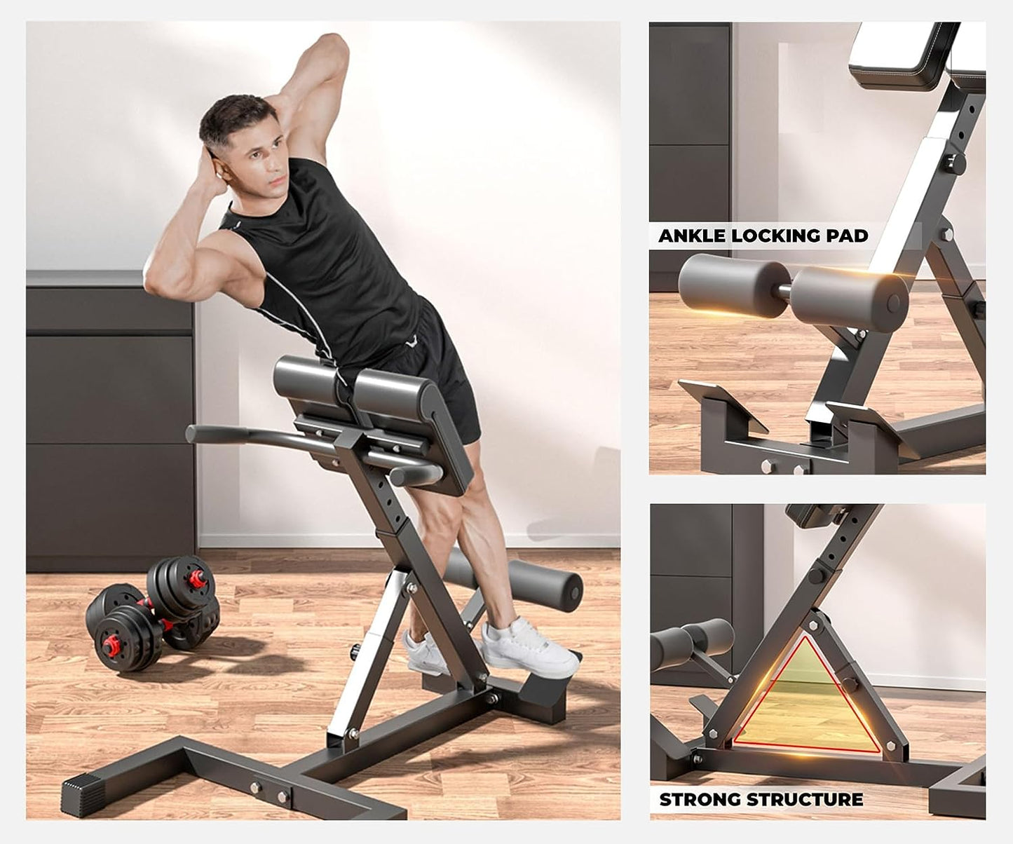 Adjustable Fitness Hyper Extension Bench - This Roman chair is designed for home gym back workouts and back extension training. It also serves as a multi-functional sit-up bench for various exercises.