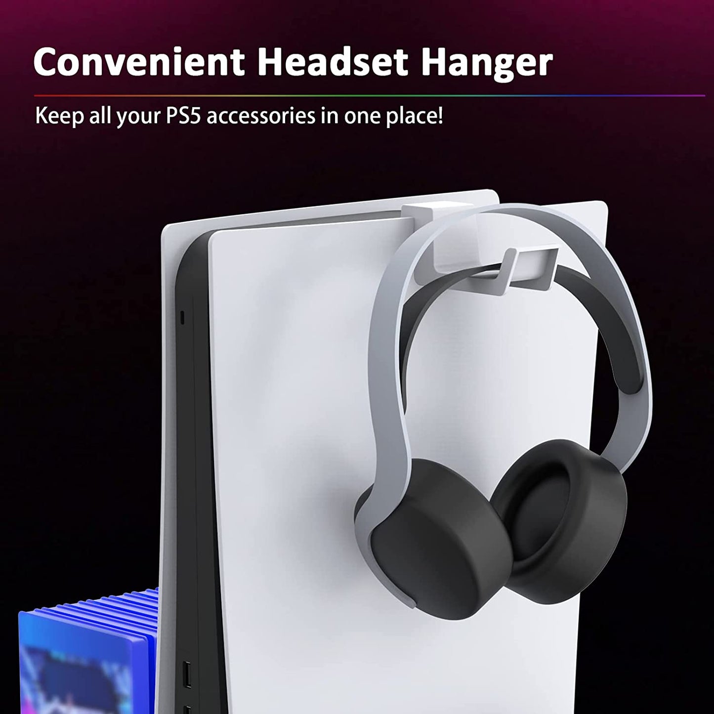 PS5 Silent Cooling Stand with RGB LED Light, Dual Charging Station for Dualsense Edge Controller, Hard Drive Slot, Holders for Headset and Remote, and 10 Game Slots - White