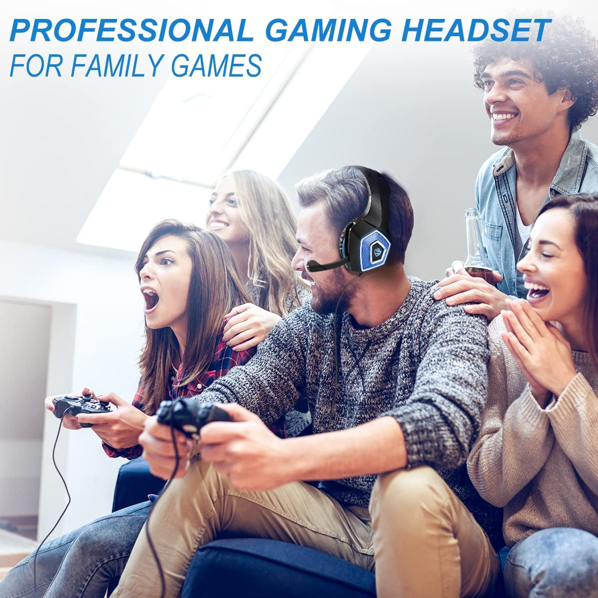 Stereo Over Ear Gaming Headphones for Xbox One, PS4, PS5, PC, Switch, Tablet, and Smartphone. Features Bass, 3.5mm Microphone, Noise Canceling, 7 LED Light, and Soft Memory Earmuffs. Includes Free Adapte