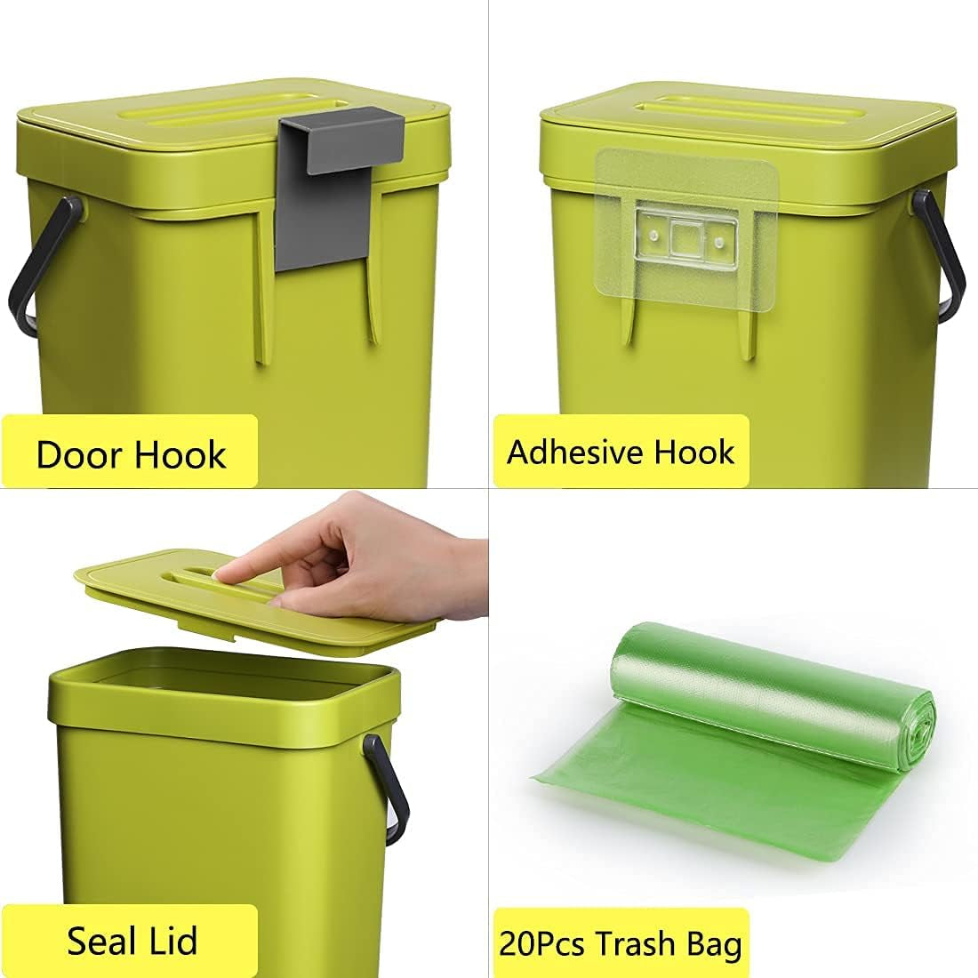 1.3 Gallon Kitchen Compost Bin: Designed for Countertop or Under Sink Use, with a Lid, Suitable for Hanging in Cupboards, Bathrooms, Camping, and Mounting Indoors - Green
