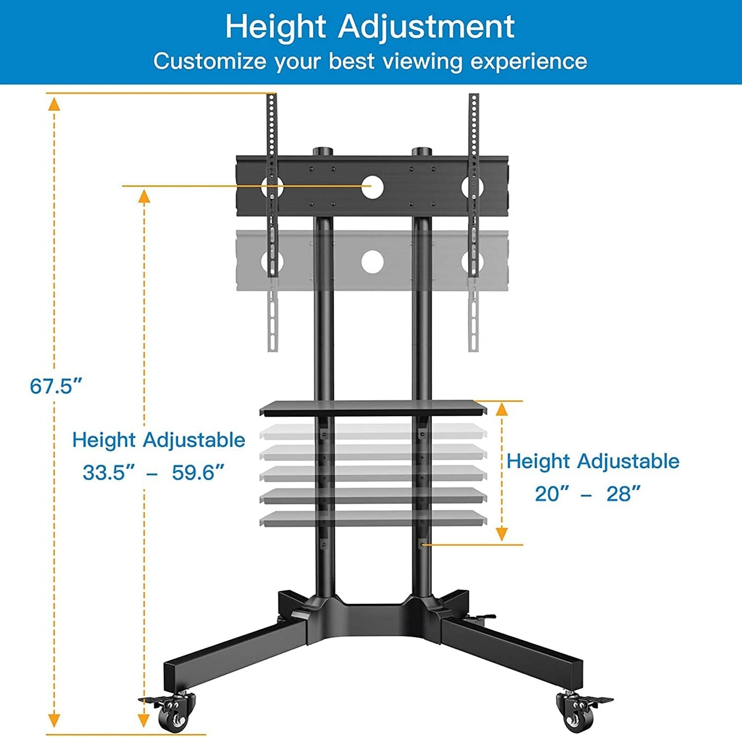 Mobile TV Cart with Wheels - Designed for 32-85 Inch LCD LED Plasma Flat Screen TVs - Height Adjustable Rolling TV Stand - Can Hold up to 132 lbs - Features a Floor Stand with Tray - Maximum VESA Compatibility: 600x400mm.