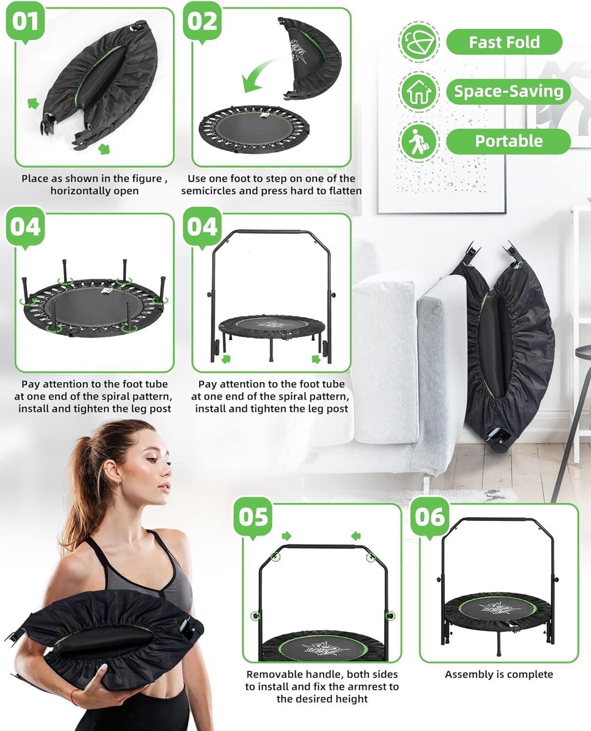 Folding Mini Trampoline with Adjustable Handle, Indoor and Outdoor Rebounder, Small Trampoline with Safety Pad, Maximum Weight Capacity of 220 lbs and 260 lbs