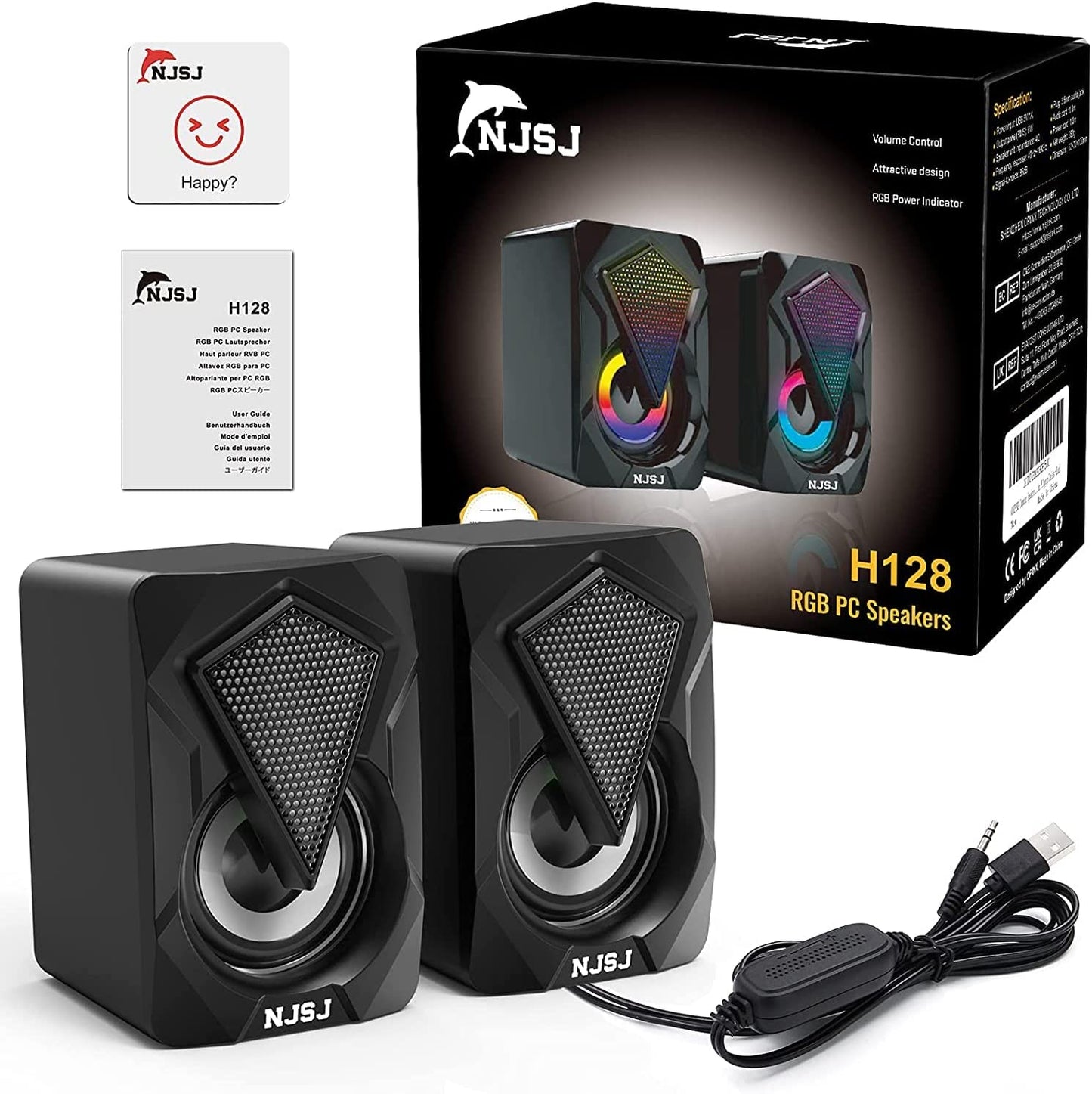 2.0 USB Powered Gaming Speakers: These computer speakers come with RGB LED Lights and a 3.5mm Aux Input. They are designed for use with PCs, Desktops, Laptops, Cellphones, Monitors, and other multimedia devices.