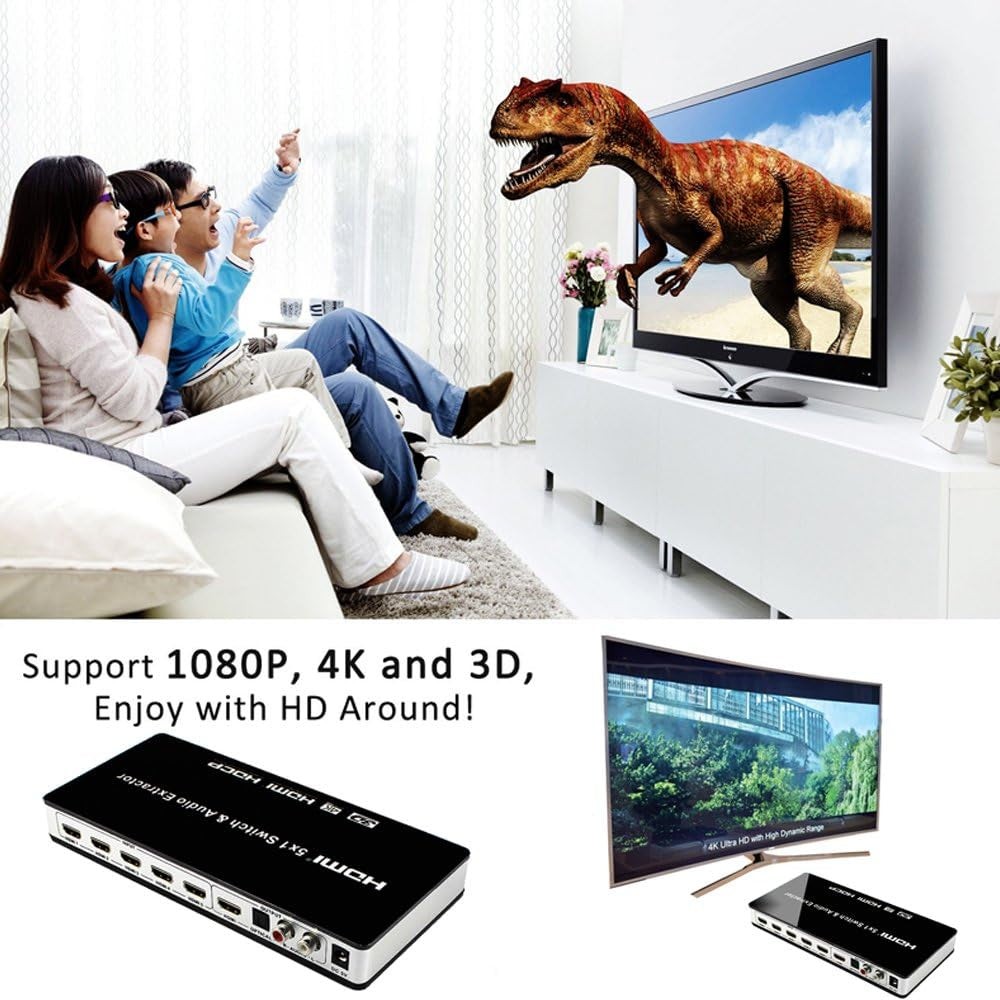 HDMI Switch 4K@30Hz - 5 Port HDMI Switcher with Audio Extractor, Remote Control, and Support for 1080p Ultra HD, 4K, Full HD, 3D, and ARC