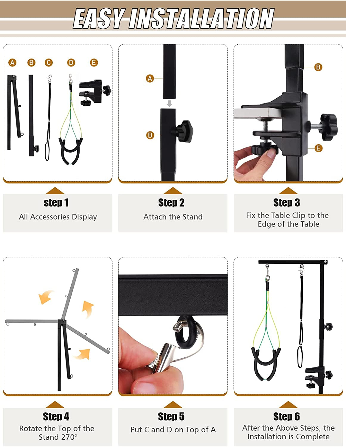 Foldable Pet Grooming Arm with Clamp, Dog Grooming Loop Noose & Two No Sit Haunch Holder, Adjustable Height Grooming Arm for Medium and Small Dogs (Black)