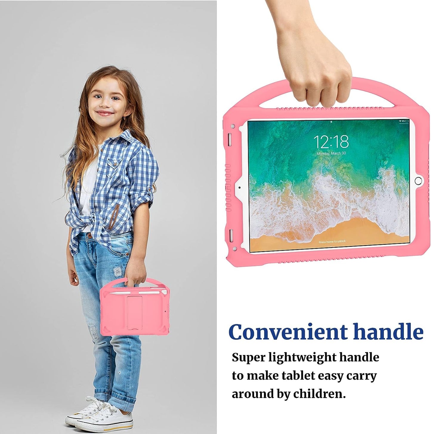 Kid-Friendly Case for iPad 6th/5th Generation - High-Quality Silicone Cover designed for iPad 9.7 inch 2018/2017, including iPad Air/Air 2; Features Built-in Stand and Handle for Easy Handling, Available in Pink Color
