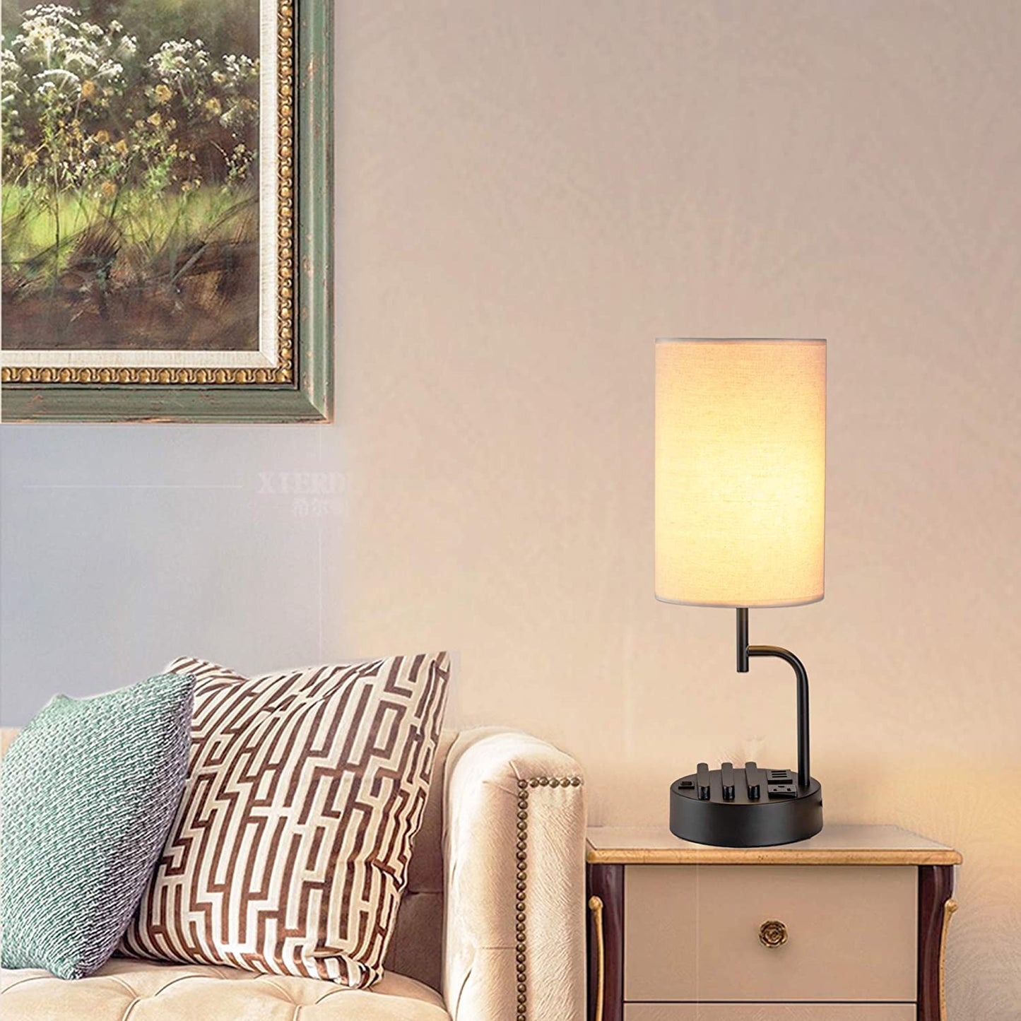 Modern Table Lamp with Multiple Charging Ports, AC Outlet, and Phone Slots - USB Desk Lamp with Stylish Base and Elegant Linen Shade - Ideal Bedside Lamp for Bedroom, Living Room, and Office - Set of 2