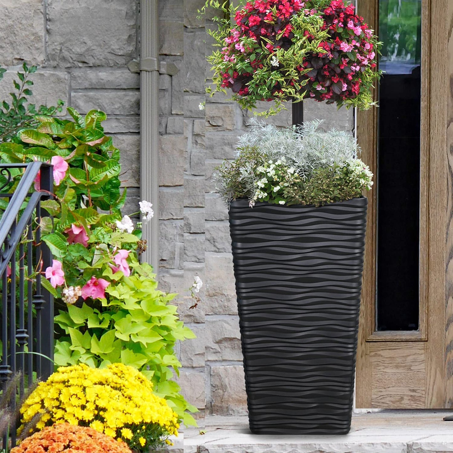 Large Square Planters for Outdoor and Indoor Resin Tree Planting - 22 Inch Modern Matte Wavy Finish Decorative Black Containers - Set of 2