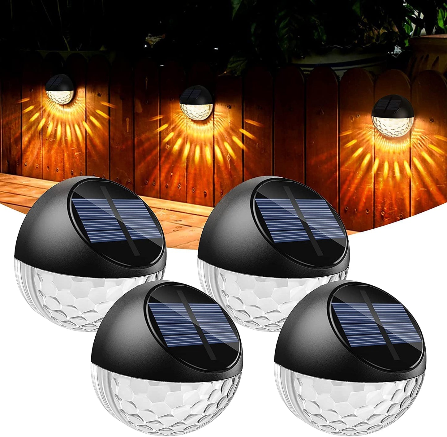 Set of 4 Solar Fence Lights - IP65 Waterproof, Automatically Turns On and Off, Emitting Warm White LED Light, Ideal for Illuminating Wall, Deck, Post, Patio, Yard, Stairway, Path, and Porch.