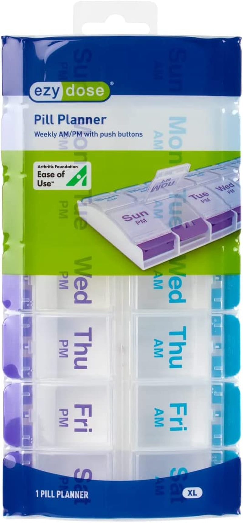 Push Button (7-Day) Pill Case - Organizes Medicine and Vitamins - 2 Times a Day AM/PM Slots - Large Compartments - Designed for Arthritis-Friendly Use - Features Clear Lids in Purple/Blue Color.