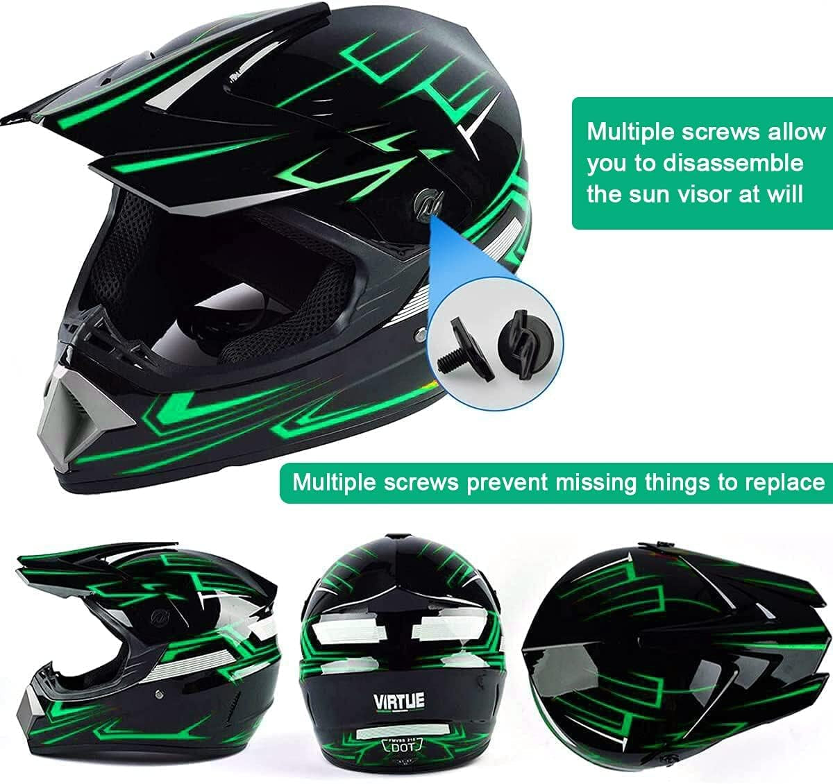 Motocross Helmet Set: Adult Sun Visor Motorcycle Helmet, suitable for Dirt Bike and Mountain Bike. Includes Windproof Mask, Goggles, and Gloves (4Pcs Set).