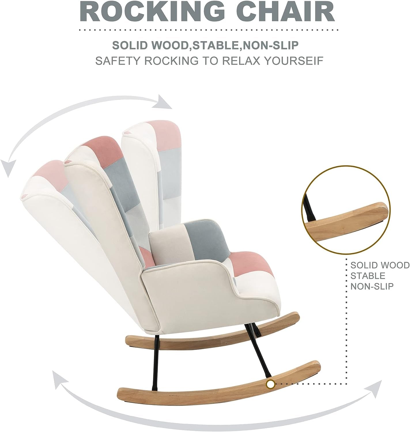Accent Rocking Chair With Wooden Legs - Mid Century Fabric Rocker Patchwork Linen for Livingroom Bedroom, Pink
