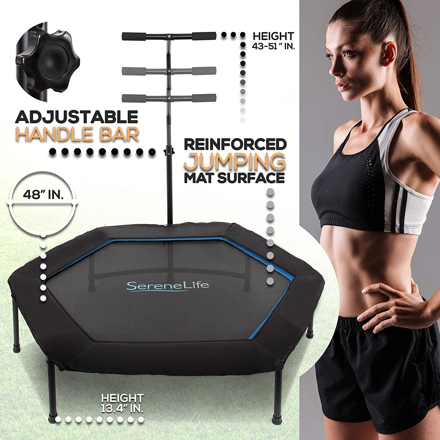 Fitness Exercise Rebounder Mini Trampoline - 48" Inch Jump Exercise Equipment with Adjustable Handle, for Adults - Ultimate Indoor/Outdoor Workout Training