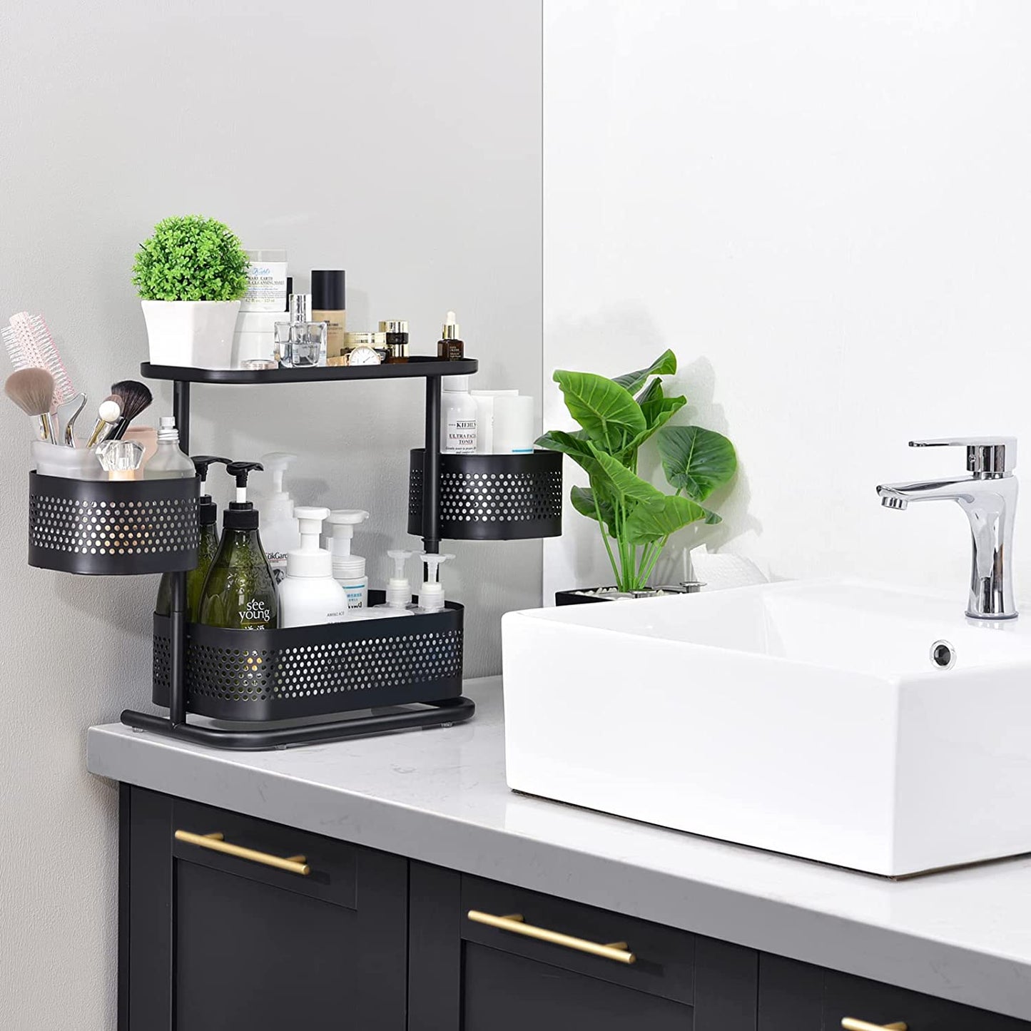 3-Tier Rotating Bathroom Counter Organizer: Black Vanity and Kitchen Spice Rack Shelf for Countertop Storage