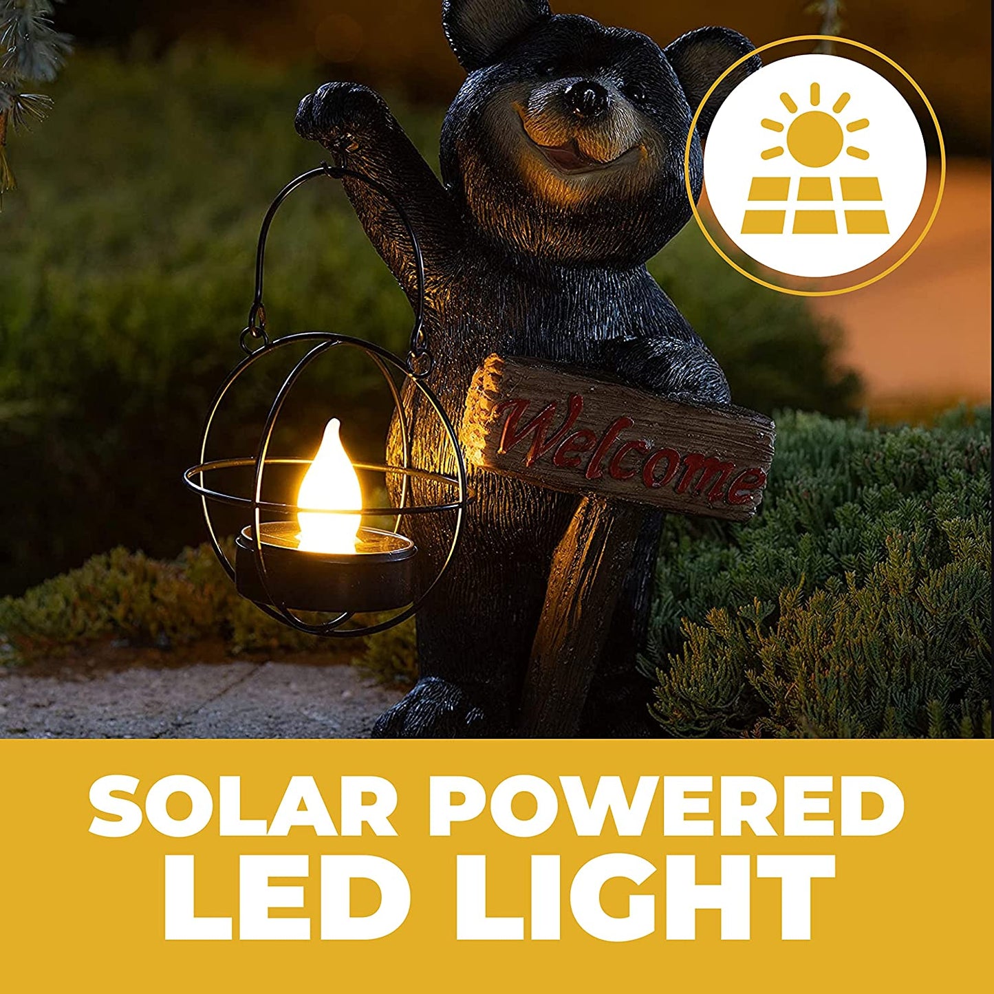 Solar Powered LED Bear Welcome Sign - Outdoor Garden Statue Decor featuring Bear Figurines with Garden Light; Adds a Whimsical Touch to Front Yards, Patios, Yards, Lawns, and Outside Houses.