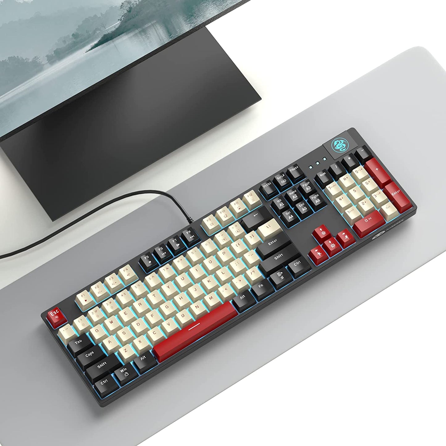 Mk-Armor Mechanical Gaming Keyboard - LED Rainbow Backlit, Wired USB Keyboard with 104 Keys and Red Switches. Designed for Windows PC Laptop Gaming Black&White