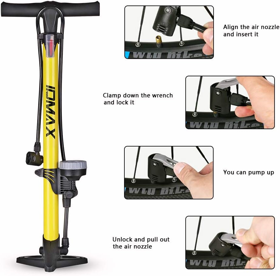 Ergonomic Bike Floor Pump - Portable Bicycle Tire Inflator with Gauge & Smart Valve Head - Compatible with Universal Presta and Schrader Valve - Yellow & Black Design.