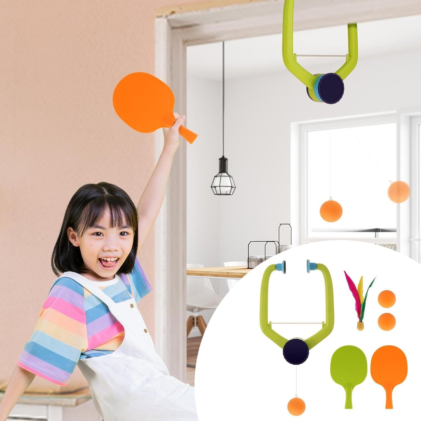 Indoor Hanging Table Tennis Trainer Set with Self Training, Pingpong Paddles, and Balls - Ping Pong Trainer