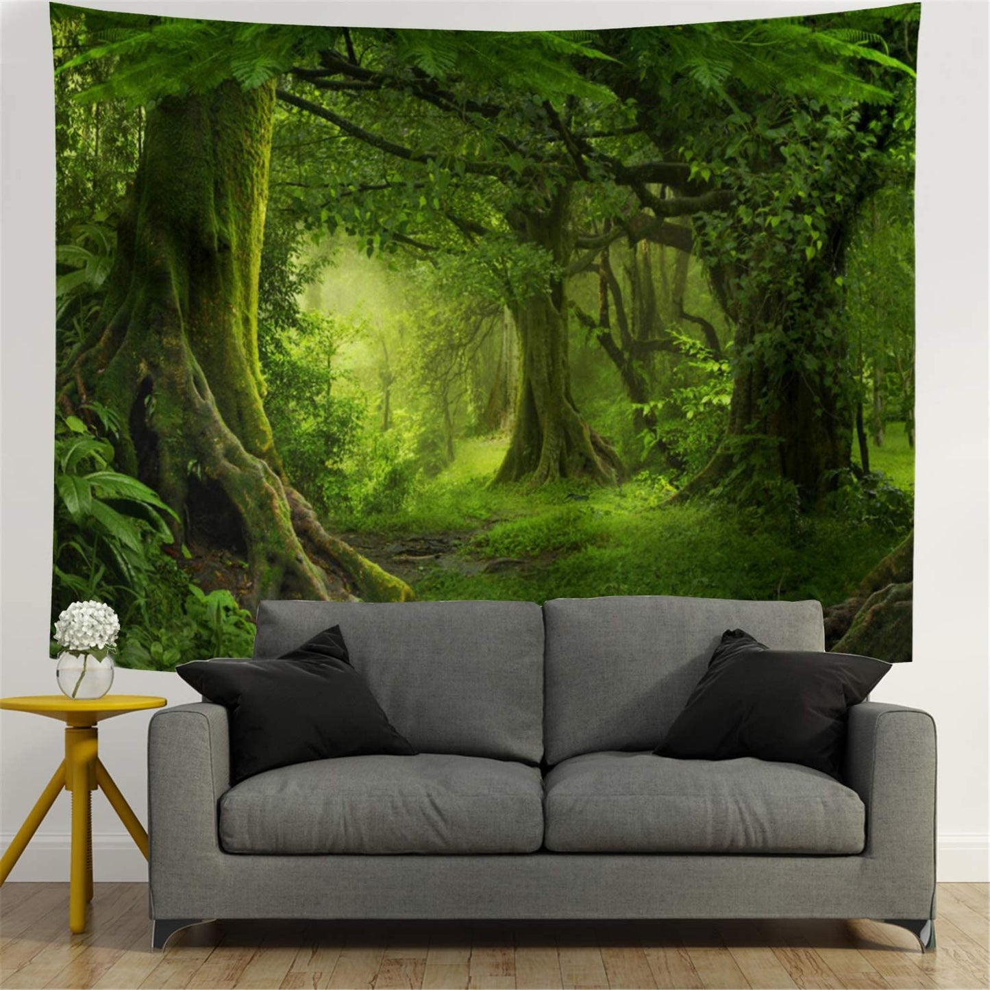 Virgin Forest Tapestry - Features Green Trees in Misty Forest - Nature Scenery Wall Hanging - Perfect for Living Room and Bedroom Decor.