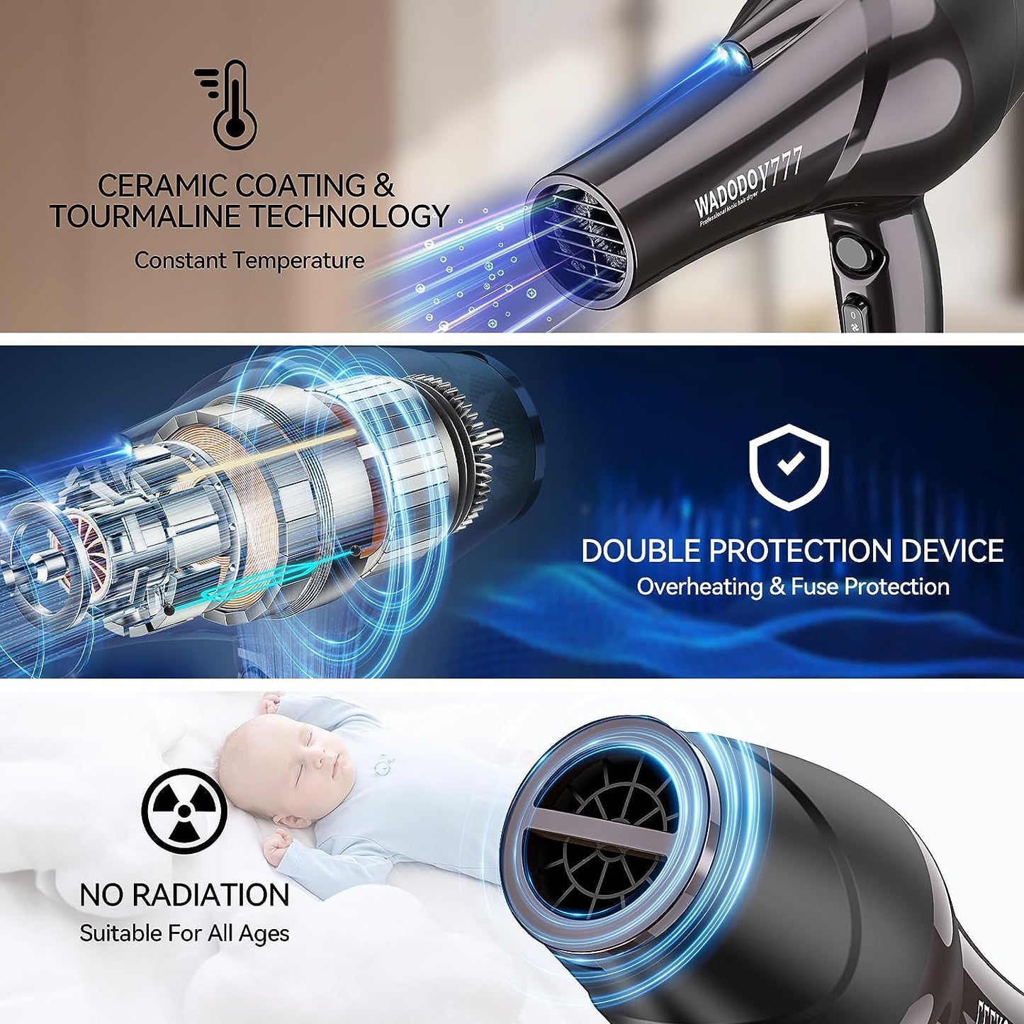 Professional Hair Dryer - 2200W Ionic Blow Dryer with Blue Ray Hair Care, Powerful AC Motor, Fast Drying, Constant Temperature, Low Noise; Suitable for Curly Hair, Ideal for Women and Men, Black Design.