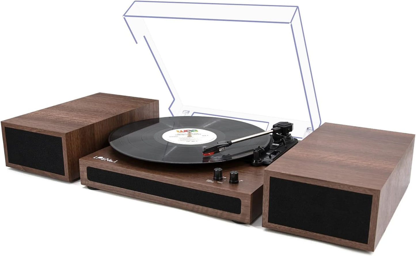 Wireless Record Player with Stereo Bookshelf Speakers - A Vinyl Record Player that supports Bluetooth, features Auto-Stop, and comes in a Walnut Wood design.