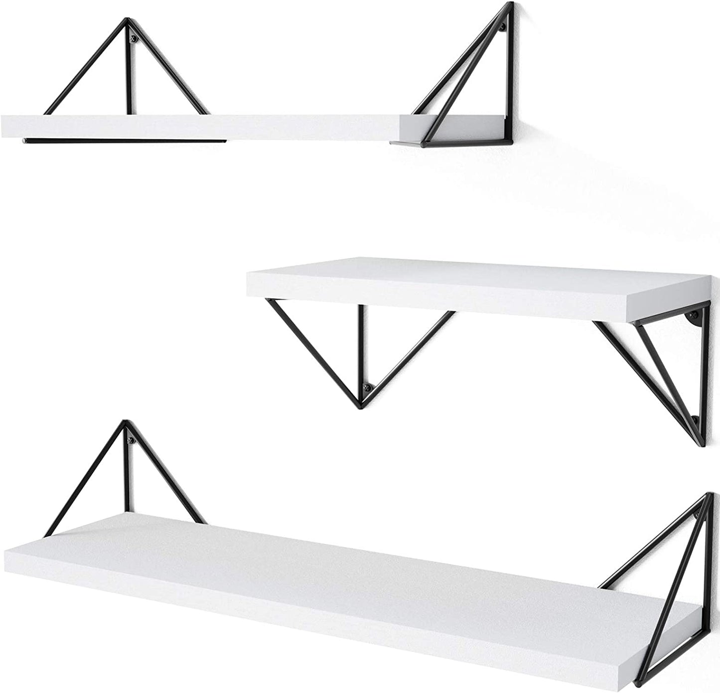 Set of 3 Floating Shelves - Wall Mounted - Rustic Design - Suitable for Bedroom, Bathroom, Living Room, and Kitchen - Color: White - Offers Stylish Wall Storage.
