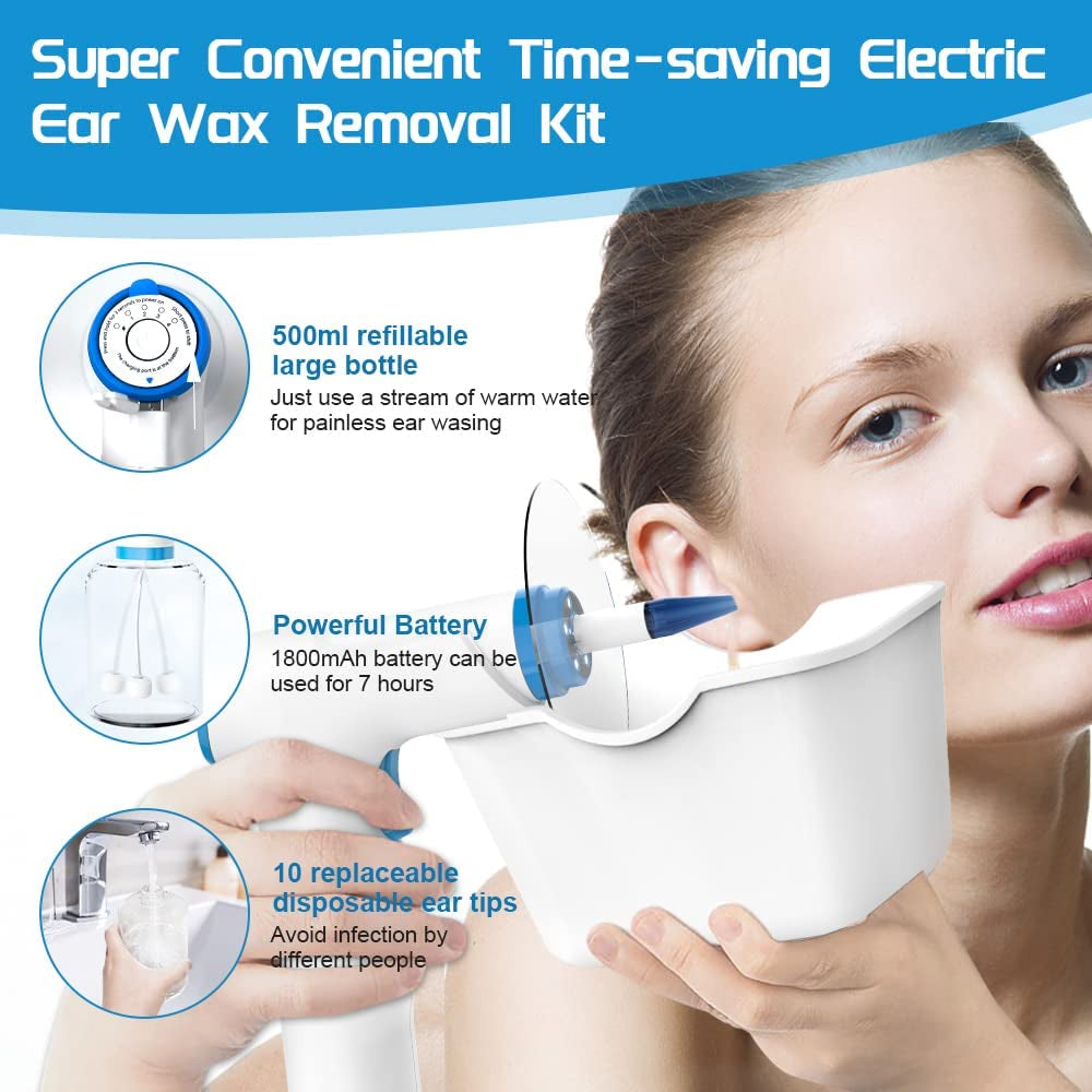 Ear Wax Removal Kit, Rechargeable Ear Irrigation System, and Effective Clean Ear, Features Disposable Tips & Ear Catch Basin (9+1 Disposable Tips)