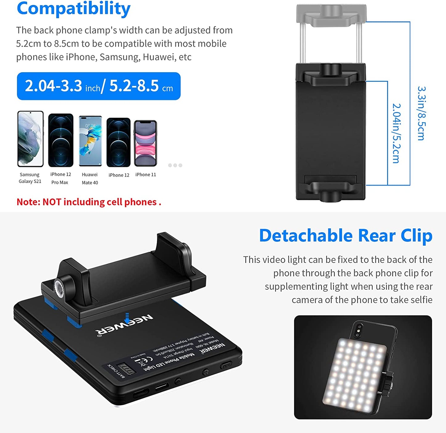Portable LED Selfie Light with Front & Back Phone Clip, 60 High Power LEDs, 2000mAh Rechargeable Battery, CRI 95+, 3 Light Modes - Perfect for Phone/Tablet/Laptop, Zoom Calls, TikTok Videos, and Fill Light