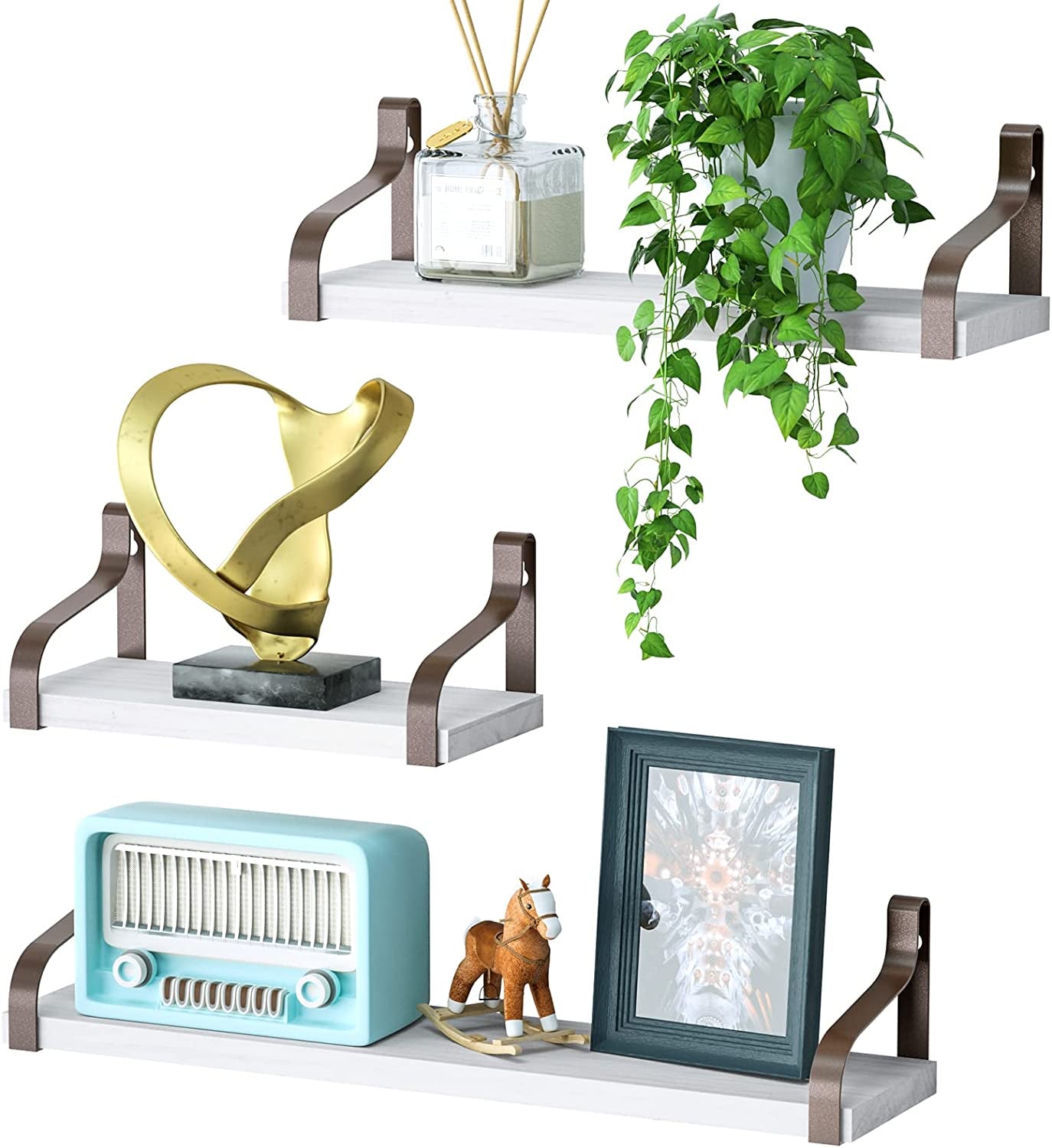 Set of 3 Floating Shelves - Wall Mounted - Rustic Wood Design - Suitable for Bedroom, Living Room, Bathroom, Kitchen, and Office - Features Rustic White/Brown Brackets - Provides Stylish Wall Storage.