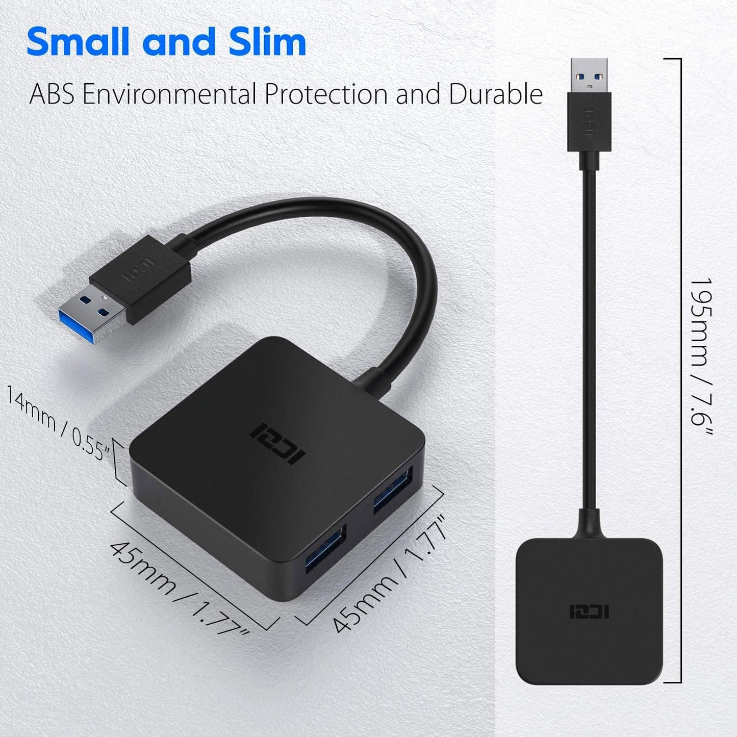USB 3.0 Hub: A Compact and Slim 4-Port USB Data Splitter Expander in Black. Compatible with Mac Mini, Surface, Chromebook, Desktops, PS4, Notebooks, and more.