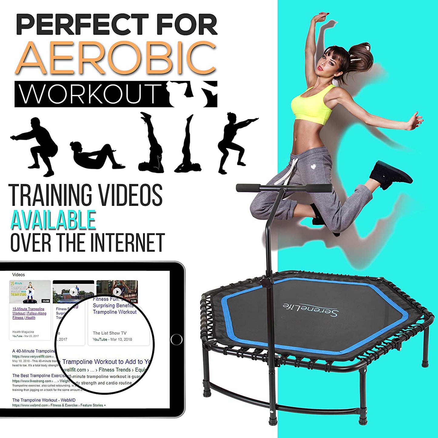 Fitness Exercise Rebounder Mini Trampoline - 48" Inch Jump Exercise Equipment with Adjustable Handle, for Adults - Ultimate Indoor/Outdoor Workout Training