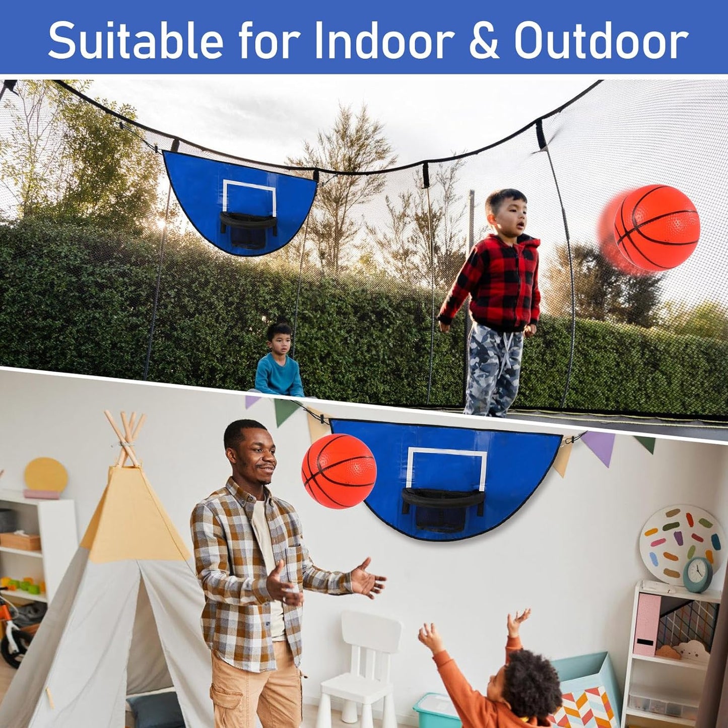 Durable Trampoline Basketball Attachment with Breakaway Rim, Waterproof Design, and Inclusive Mini Balls and Pump - Perfect for Indoor and Outdoor Use by Kids and Teens