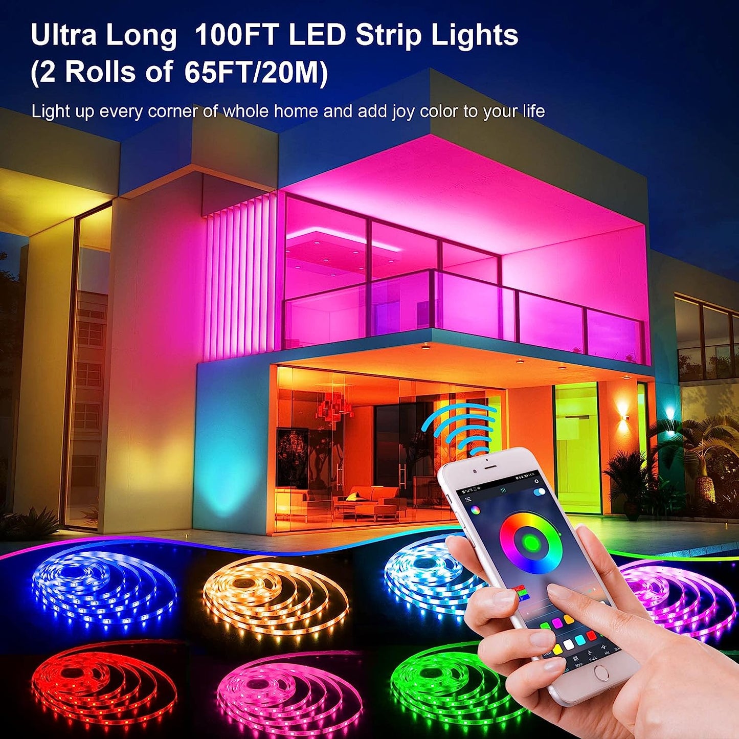 Music Sync LED Lights Strip for Bedroom: 130Ft/40M App Controlled Bluetooth LED Lights Rope, 16 Million Color Changing, Remote Control, Sensitive Built-In Mic, 5050 RGB LED Light Strips