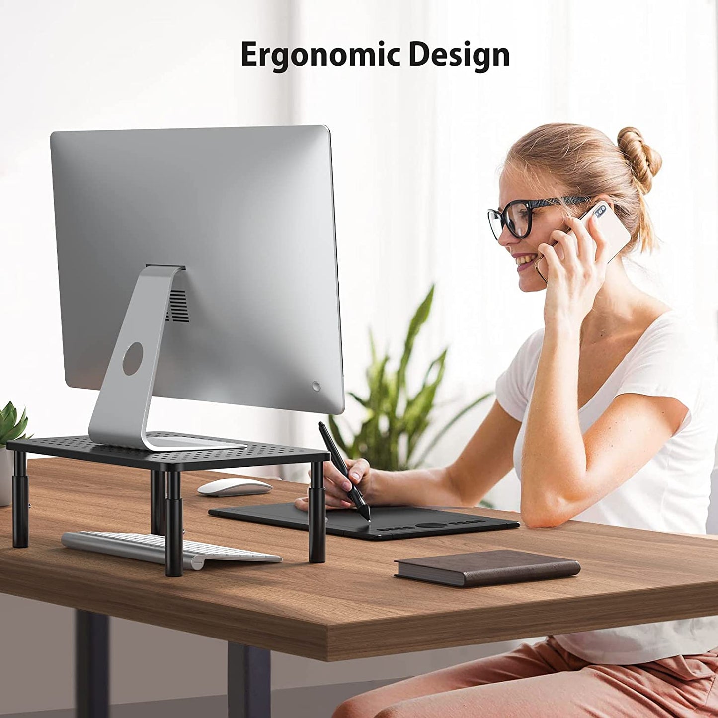 Adjustable Monitor Riser Stand - Height Adjustable Computer Stand with Metal Vented Platform, Underneath Storage, and Desk Organizer for Office and Home Use