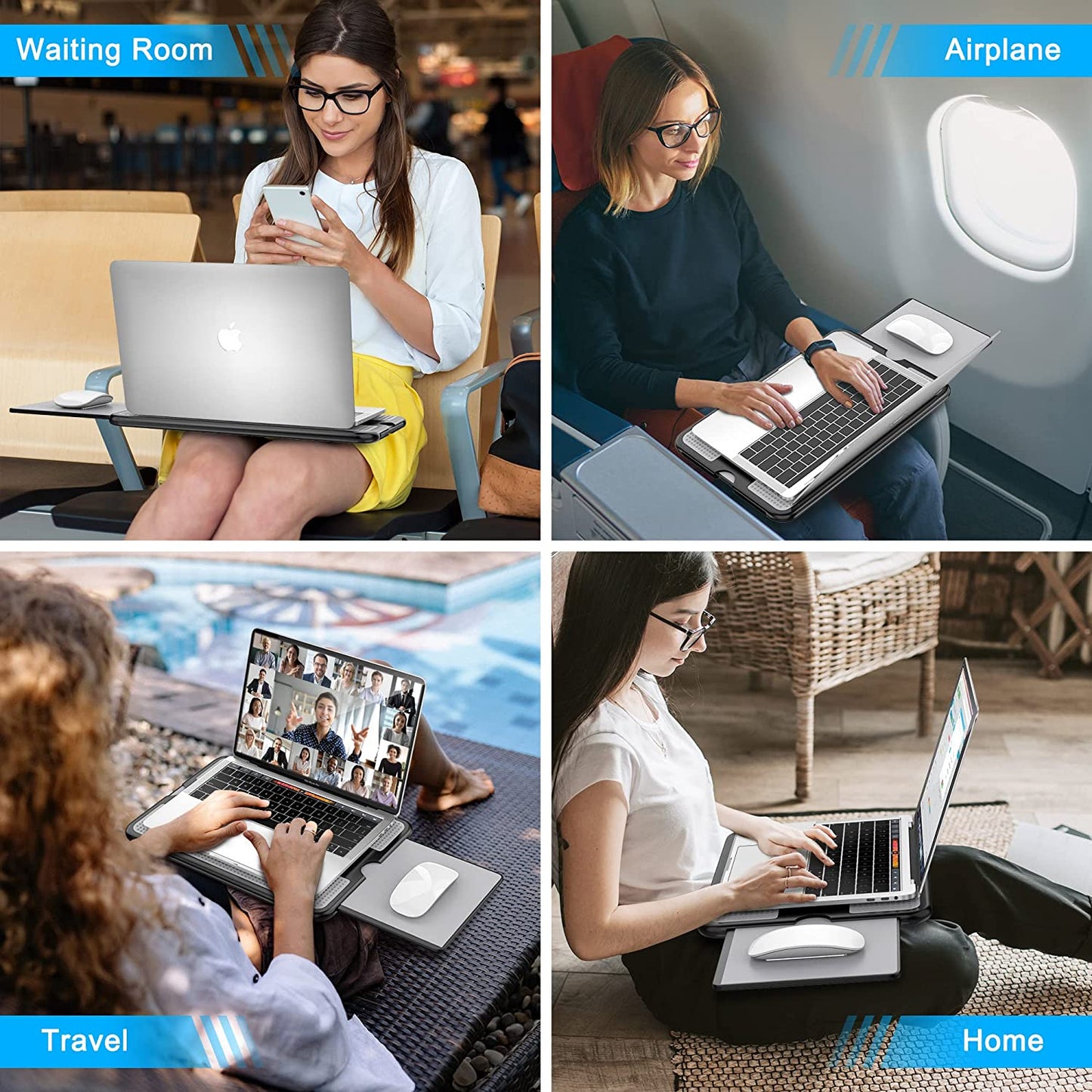 Portable Laptop Lap Desk: Features a Retractable Left/Right Mouse Pad Tray, Non-Slip Heat Shield, and a Sturdy Stable Cooler Work Surface. Designed for use on Bed, Sofa, Couch, or during Travel.