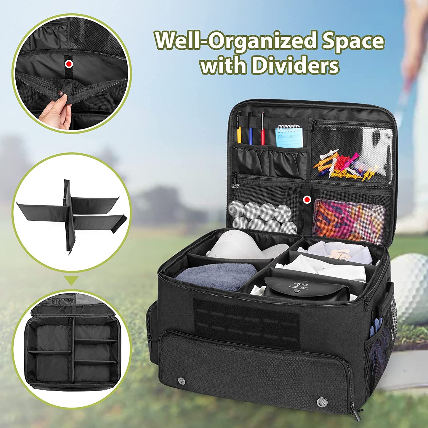 Golf Trunk Organizer with Dedicated Shoe Compartment (Fits US Men's 16), Golf Car Locker Storage for Balls, Tees, Clothing, Gloves, and Accessories