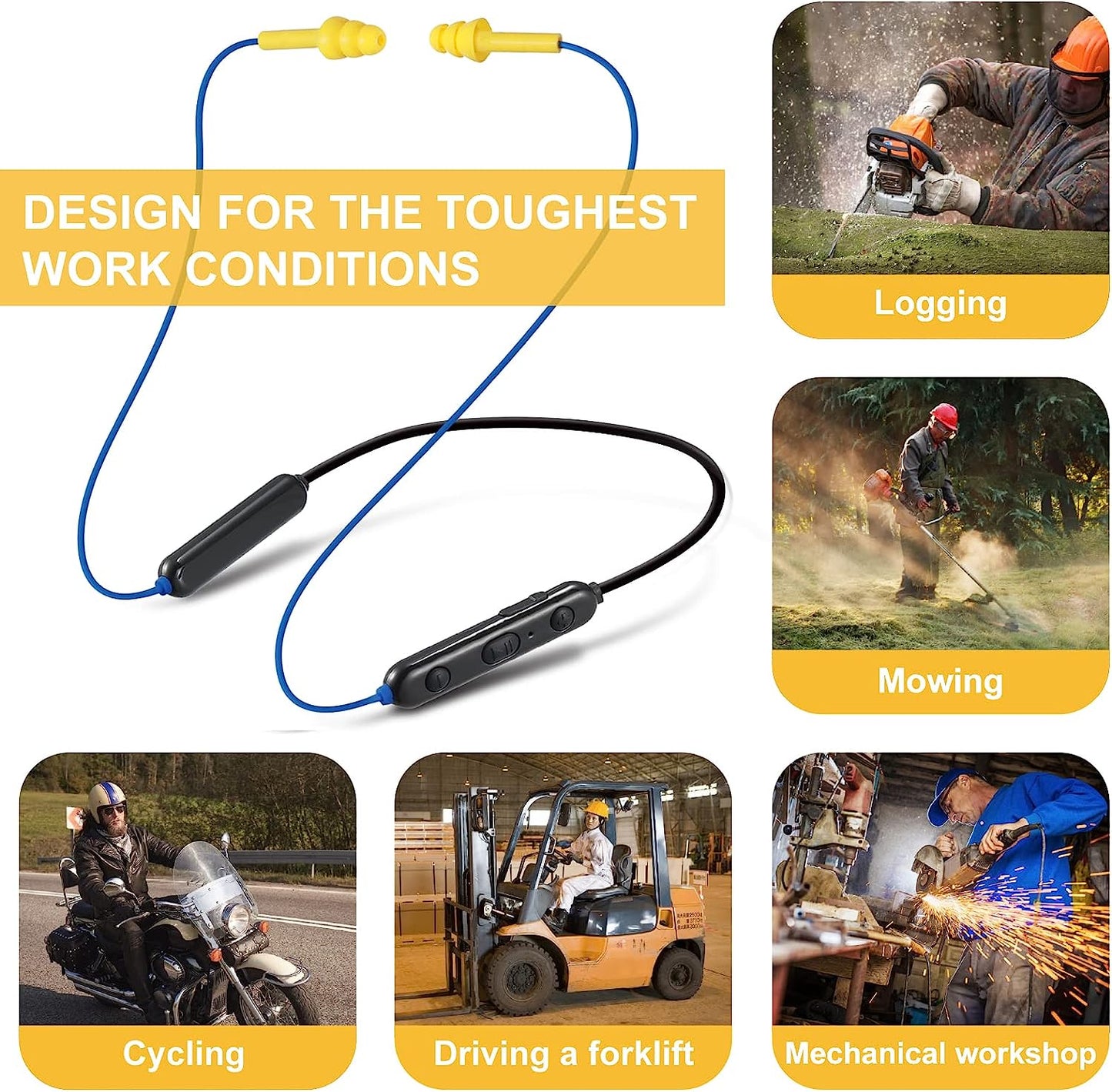 Neckband Bluetooth Ear Plugs - Wireless Bluetooth Earplug Headphones with 28dB Noise Reduction, In-Ear Isolating Earbuds, Built-in Mic, IPX5 Waterproof, and 16-Hour Battery Life for Work (Blue)