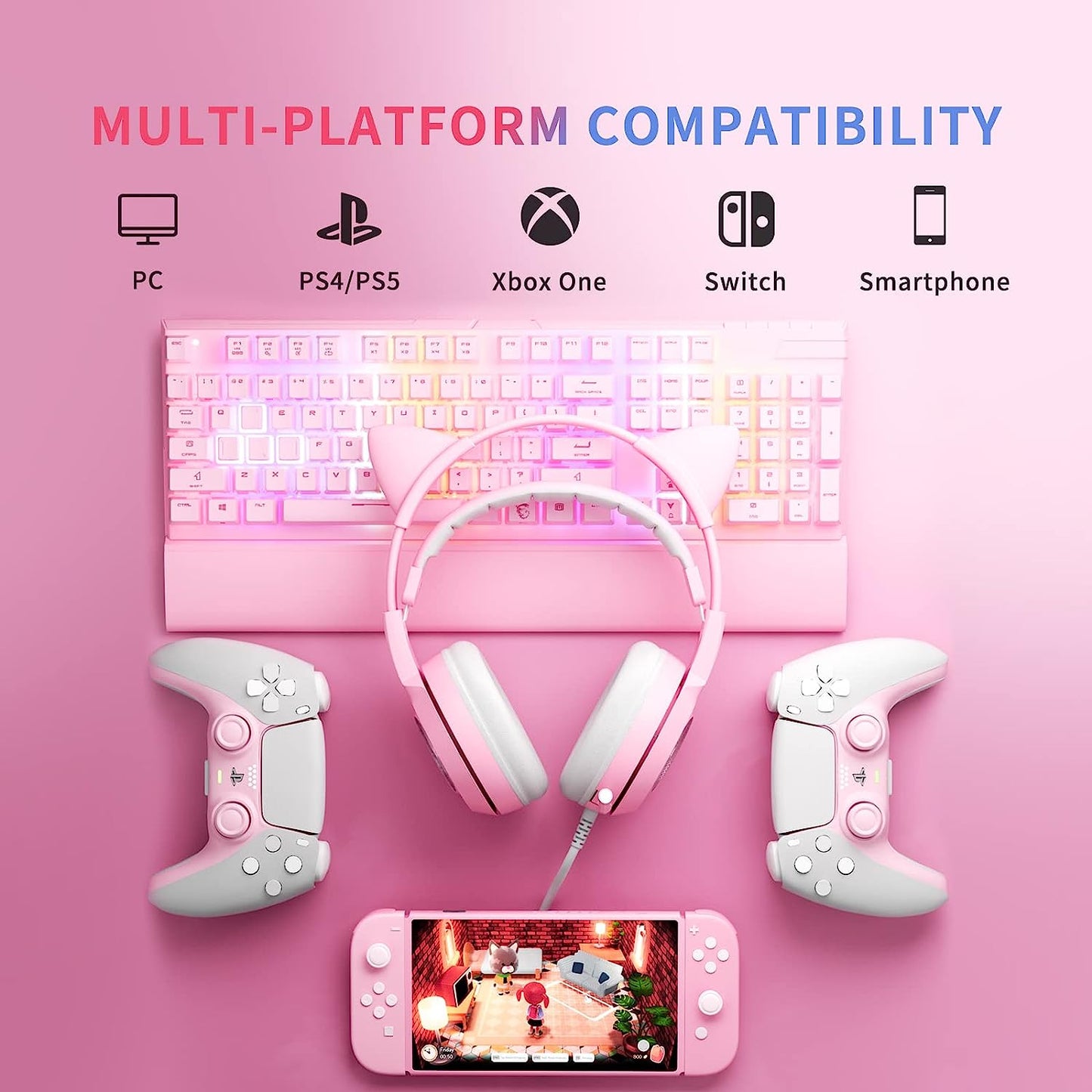 Pink G951S Stereo Gaming Headset, Lightweight over Ear Headphones with Mic. Compatible with PS4, Xbox, PC, and Mobile Phone. Features 3.5mm Noise Reduction and Cat Ear Headphones.