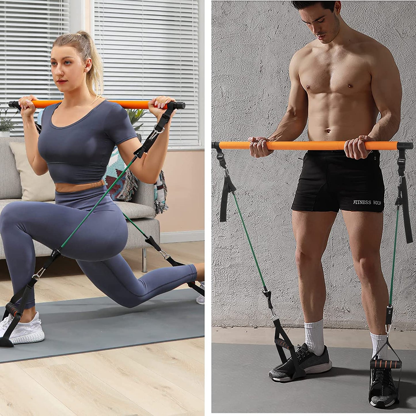 Portable Pilates Bar Kit with Resistance Bands - This upgraded 3-section Pilates bar comes with resistance bands in 20lb, 40lb, and 60lb options. It's suitable for both men and women and supports full-body workouts at home.