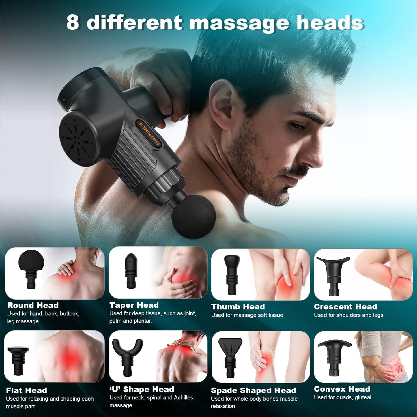 Professional Deep Tissue Percussion Massager with 30 Speed Levels - Electric Handheld Massage Gun for Muscle Pain Relief, Deep Relaxation - Includes 8 Massage Heads